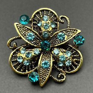 Yellow Gold with Blue Sapphire and Aquamarine Crystal Flower Pin Back Brooch